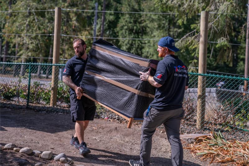 Two 7B Moving crew members carry a pad-wrapped flat item across a yard