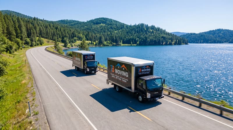 Two black 7B Moving trucks driving along a lakeside highway past evergreen forest